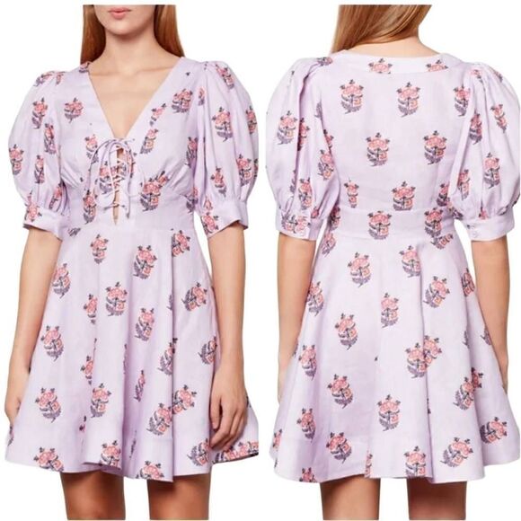 House of Harlow 1960 Linen Blend Floral Puff Sleeves Mini Dress Size 2 - Picture 1 of 12